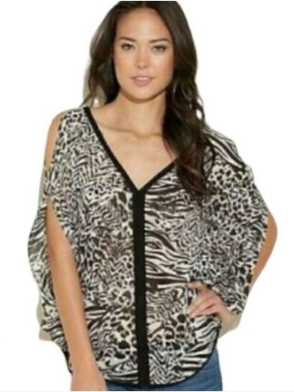 Guess Cold Shoulder Slit Arm Black White Zebra Leooard Print V Neck Blouse